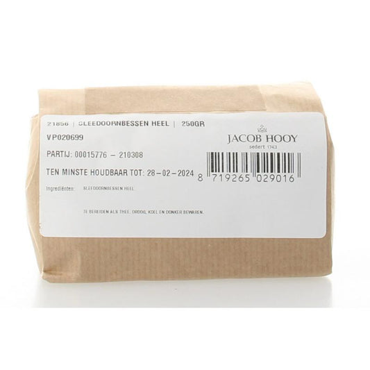 Jacob Hooy Sleedoornbessen in 250g package, herbal salt and meal mix, close-up of dried sea buckthorn berries in a clear jar.