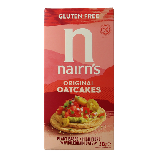 Nairns oatcakes, a 213g pack of crunchy oat cookies, displayed in a clear, resealable package with Nairns branding.