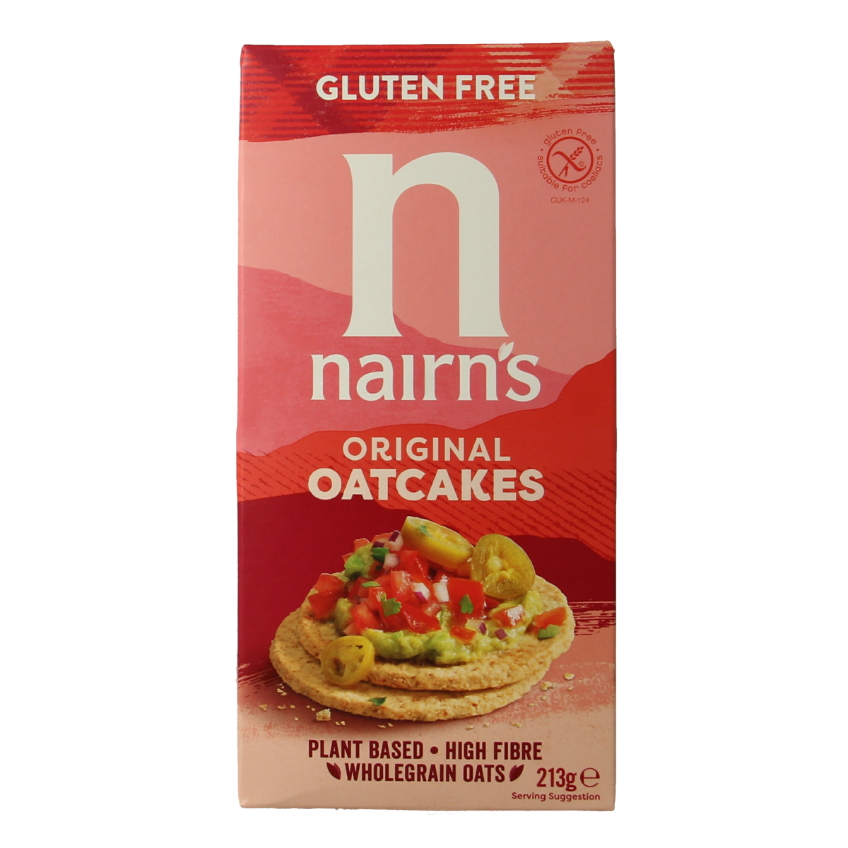 Nairns oatcakes, 213g package of crunchy Scottish koeken, displayed in clear packaging with oatcake texture visible.