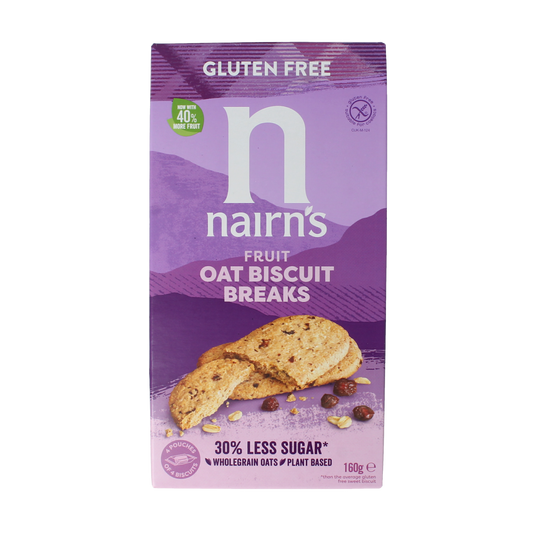 Nairns Biscuit Breaks oats and fruit Koeken in a 160g package, featuring crunchy oat and dried fruit pieces.