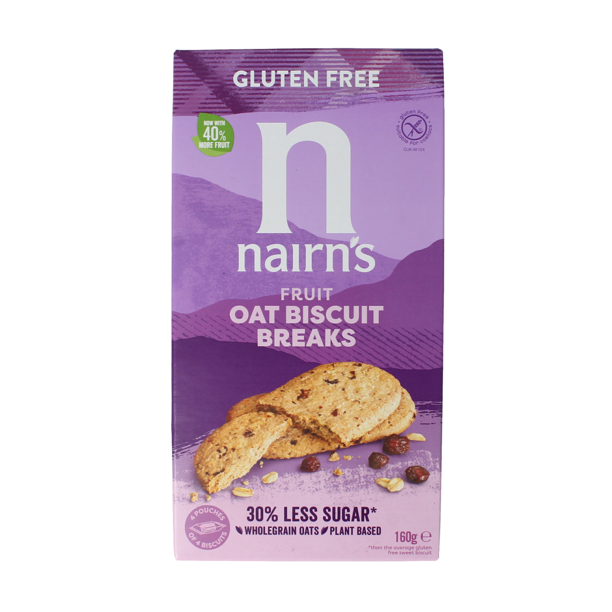 Nairns Biscuit Breaks with oats and fruit, 160g, showing crispy koeken with visible oats and dried fruit pieces