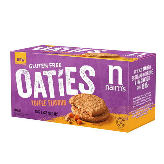 Nairns Oaties toffee gluten-free cookies, 160g, featuring golden oat biscuits with toffee flavor on a white background.