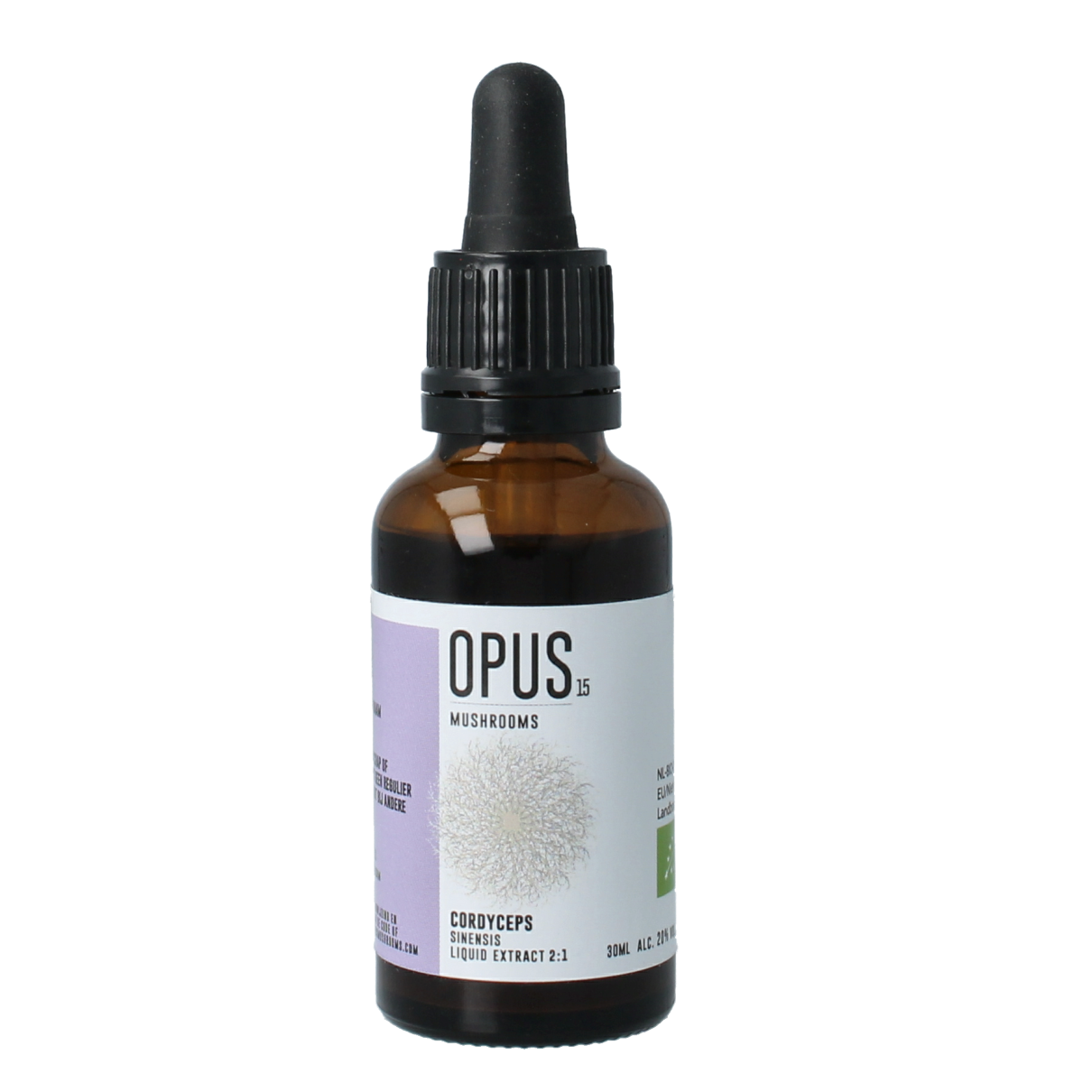 Opus Mushrooms Cordyceps sinensis 2:1 bio herbal extract in 30ml bottle, featuring dark liquid and product label.