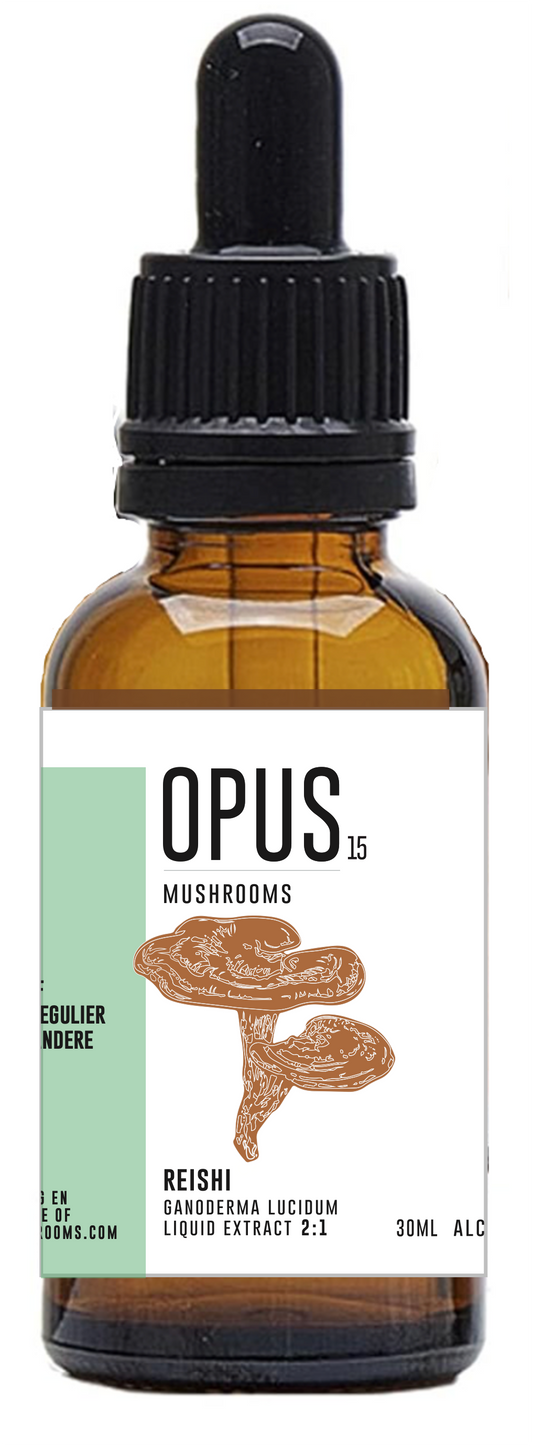 Opus Mushrooms Reishi 2:1 bio herbal tincture in a 30ml bottle, featuring Reishi mushroom extract for wellness.