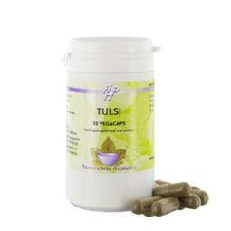 Holisan Tulsi herbal supplement capsules in a bottle, part of Kruidenpreparaten collection, showing the product packaging.