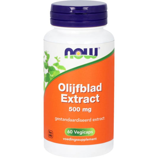 NOW Olijfblad extract 500mg vegetarian capsules, showing the supplement bottle with green label and capsules inside.