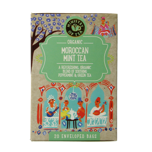 Organic Moroccan mint tea by Ministry Of Tea in a box of 20 tea bags, fresh mint leaves and tea infuser packaging.