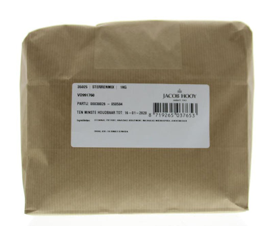 Jacob Hooy Sterrenmix 1kg, a colorful blend of herbs, spices, and salt in a large container, used for seasoning and cooking.