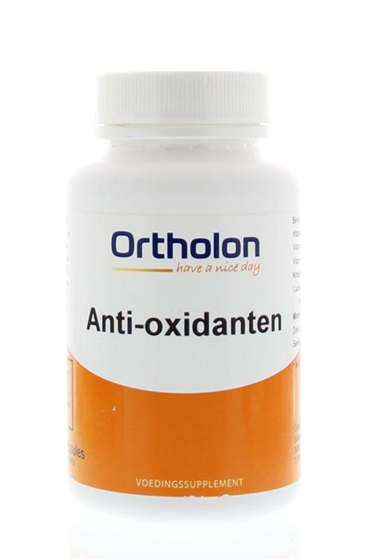 Ortholon Anti-oxidanten vegetarian vitamin capsules in a bottle, showing colorful capsules inside.