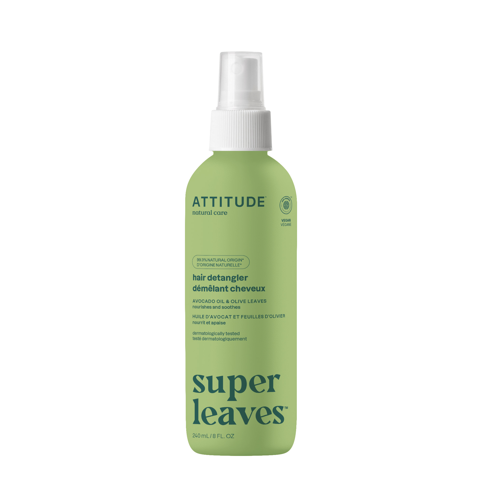Attitude Super Leaves anti-klit haarspray with olive leaves, 240ml, in a spray bottle for hair care and styling.