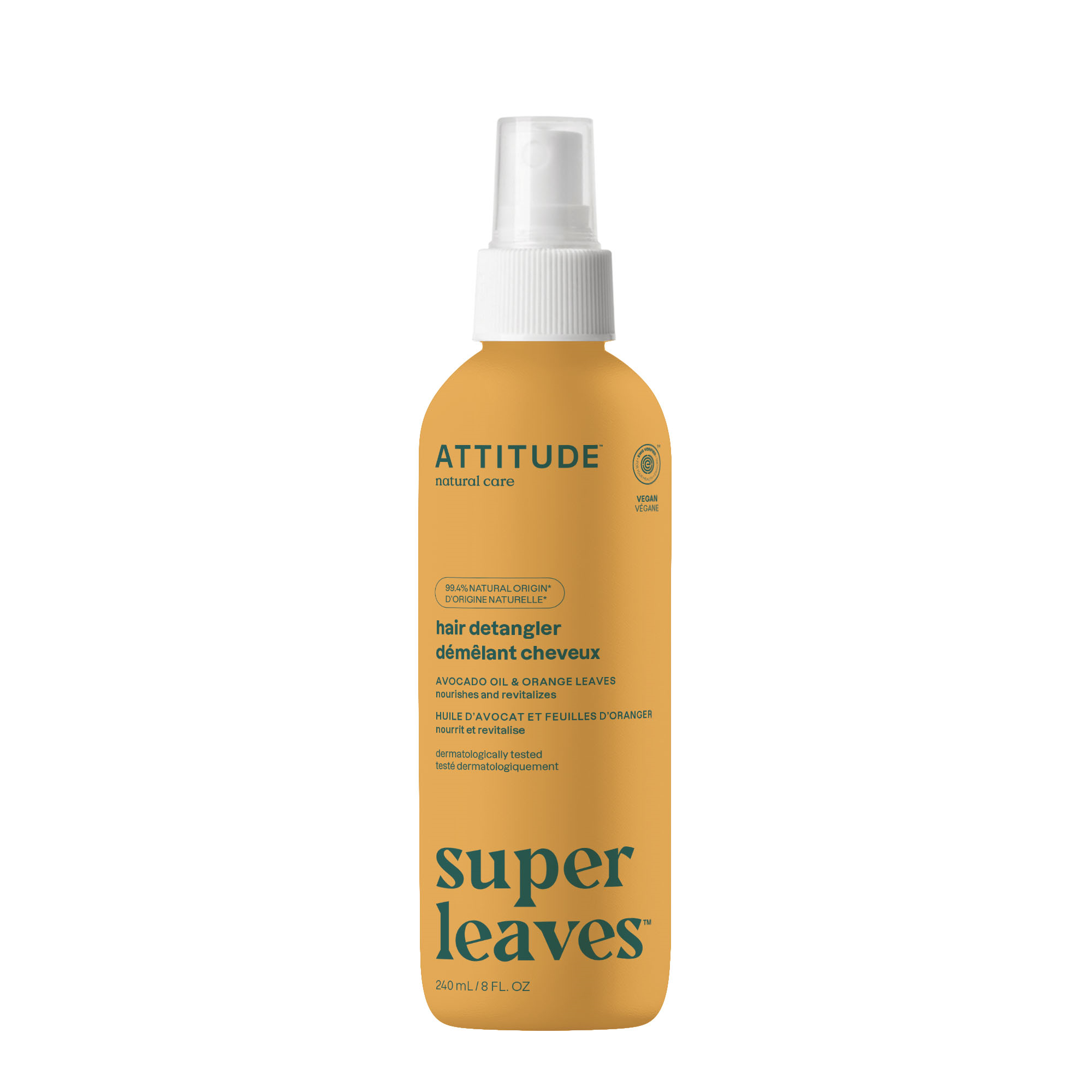 Attitude Super Leaves anti-klit haarspray with orange leaves, 240ml, for hair fixing and styling.
