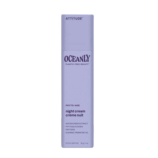 Attitude Oceanly phyto age nachtcreme stick, 30g, facial skincare product with a sleek white stick container on a neutral background.