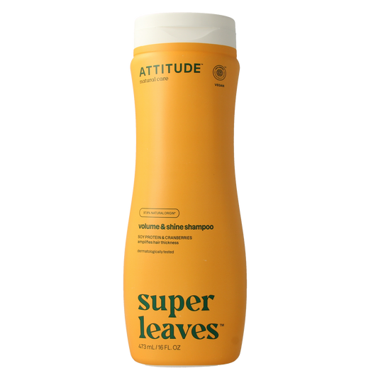 Attitude Shampoo Super Leaves for volume and shine, 473ml, in a clear bottle with a green leaf design on the label.