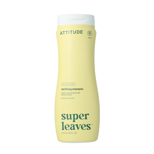 Attitude Super Leaves purifying shampoo bottle, 473ml, for hair cleansing and revitalizing in a natural haircare routine.
