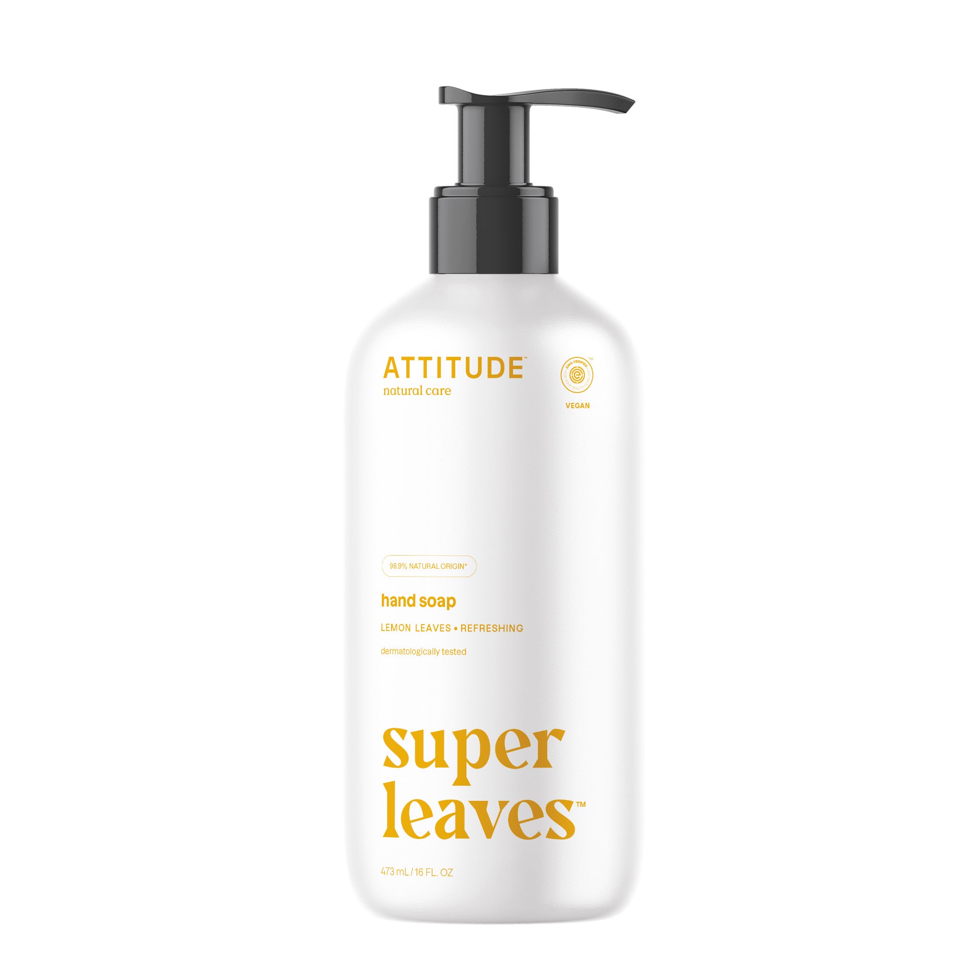 Attitude Handzeep super leaves with lemon leaves, 473ml, moisturizing hand wash in a clear pump bottle.