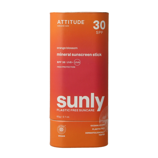 Attitude Sunly zonnebrandstick SPF30 with oranjebloesem scent, 60g, showing the stick and packaging details.