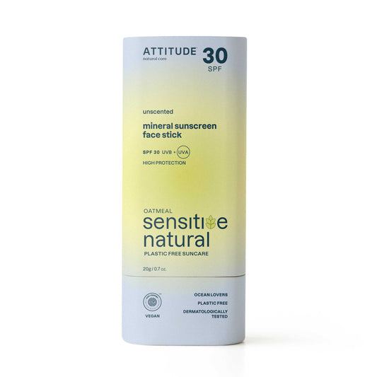 Attitude Sunly SPF30 gezichtszonnebrandstick for sensitive skin, 20g, with a white stick and SPF label, suitable for facial sun protection.
