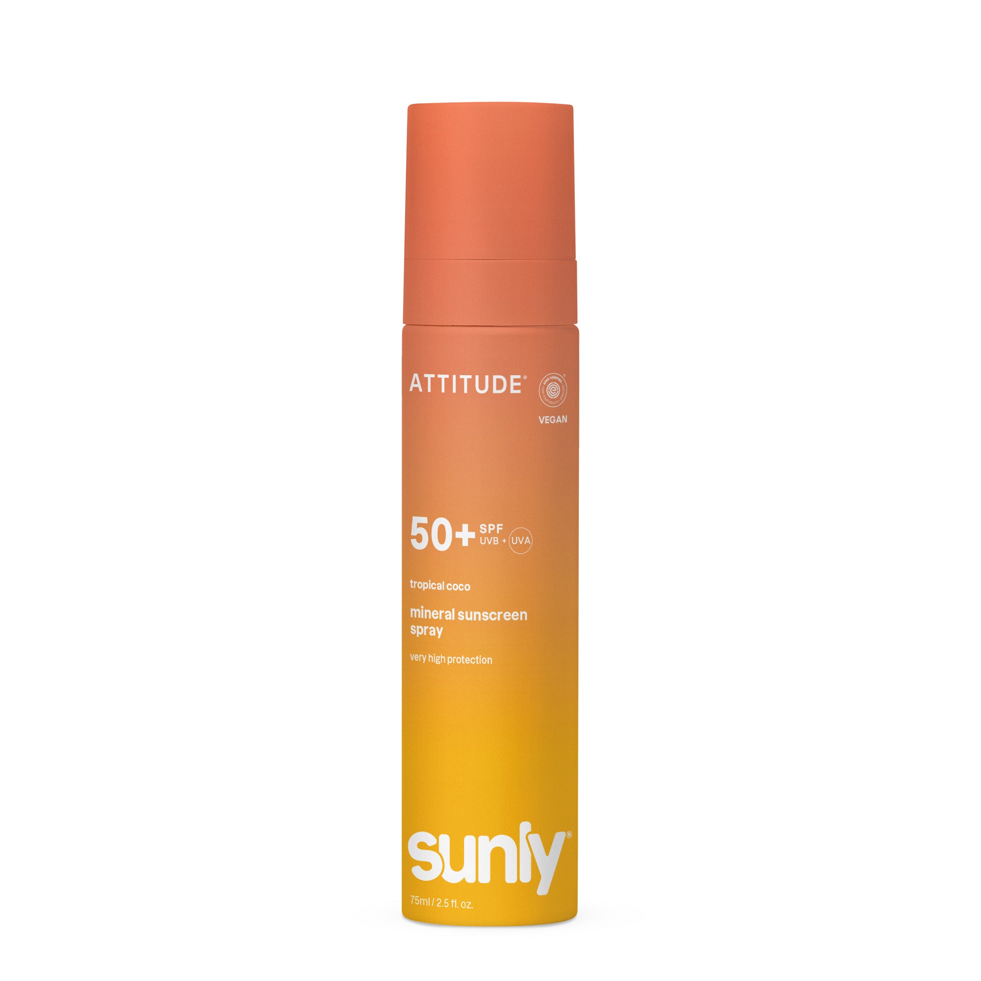 Attitude ATT Sunly Sunscreen Spray SPF50 with tropical coconut scent in a 75ml bottle, designed for sun protection.