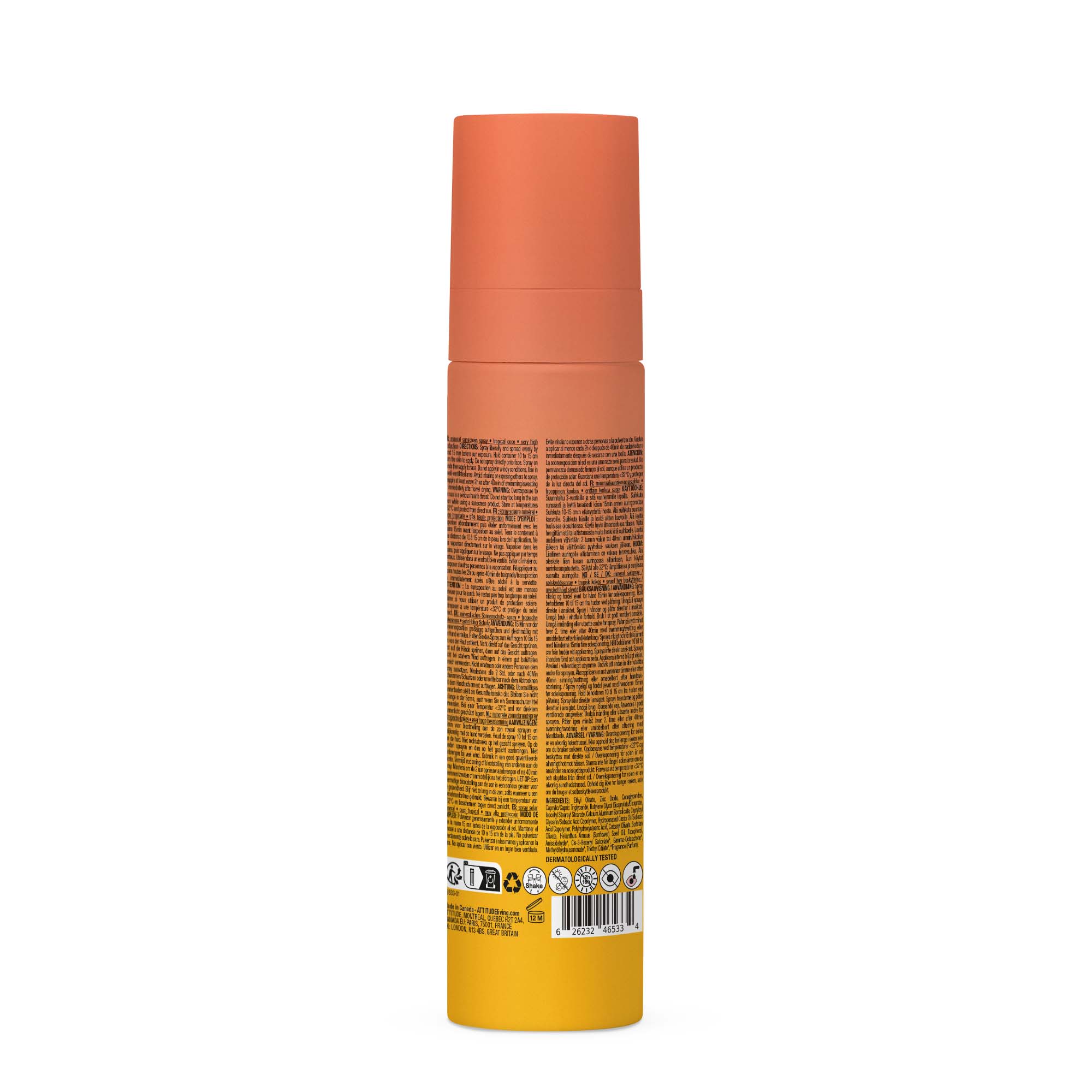 Attitude ATT SUNLY Sunscreen Spray SPF50 Tropical Coconut, 75ml, visible spray bottle with tropical coconut design