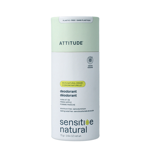 Attitude deodorant with super leaves and fresh apple scent in a 75g packaging, natural baksoda free formula, front view.