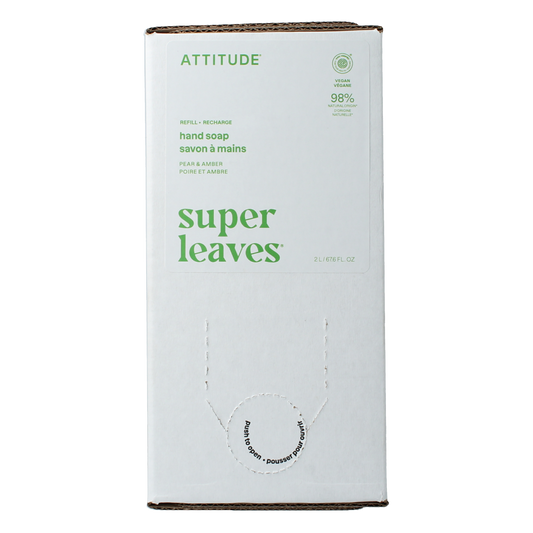 Attitude Super Leaves hand soap refill in pear amber eco packaging, 2-liter bottle with natural leaf design on the label.