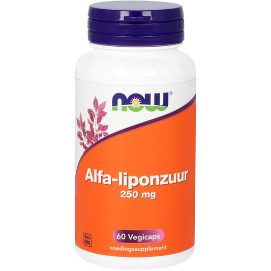 Vegetarian capsules of NOW Alfa-liponzuur 250mg, dietary supplement in clear bottle with capsules inside.