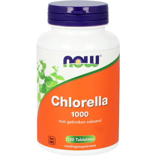 NOW Chlorella 1000mg supplement tablets, green algae herbal supplement in a bottle, 120 tablets for detox and energy support.