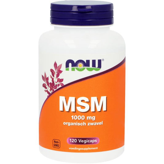 Bottle of NOW MSM 1000mg capsules, mineral supplement in a white container with a white cap and label.