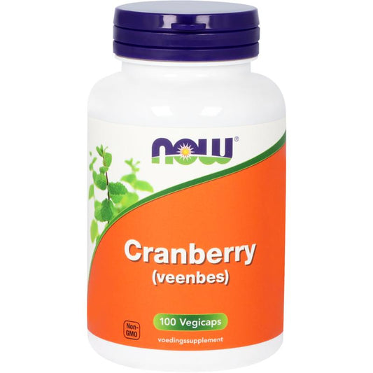 NOW Cranberry vegetarian capsules in a bottle, herbal supplement for urinary health, with red cranberry berries on the label.