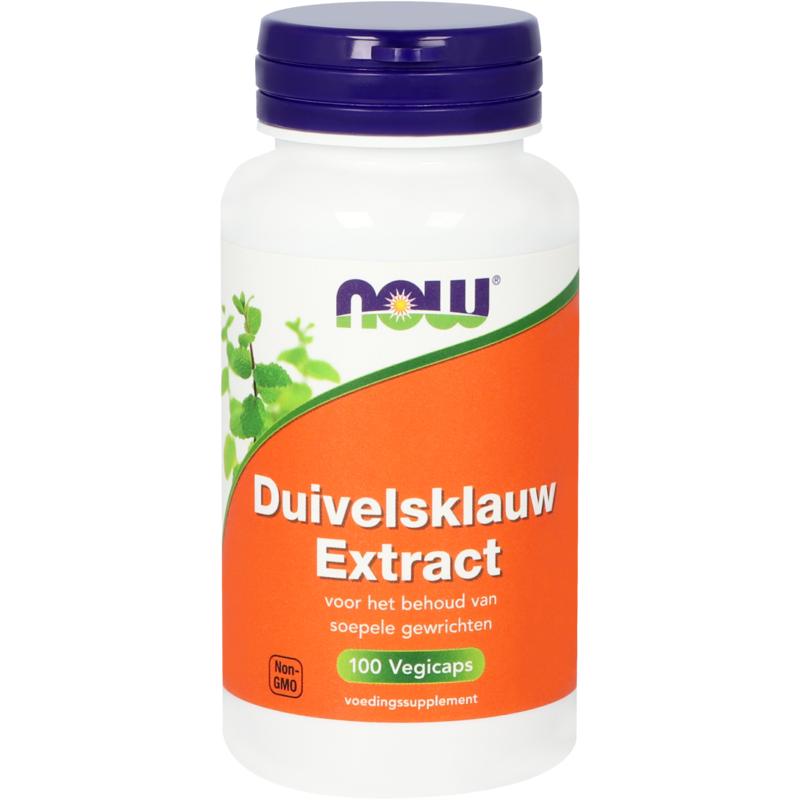 NOW Duivelsklauw extract in vegetarian capsules, herbal supplement from NOW, showing the capsules in a clear container.