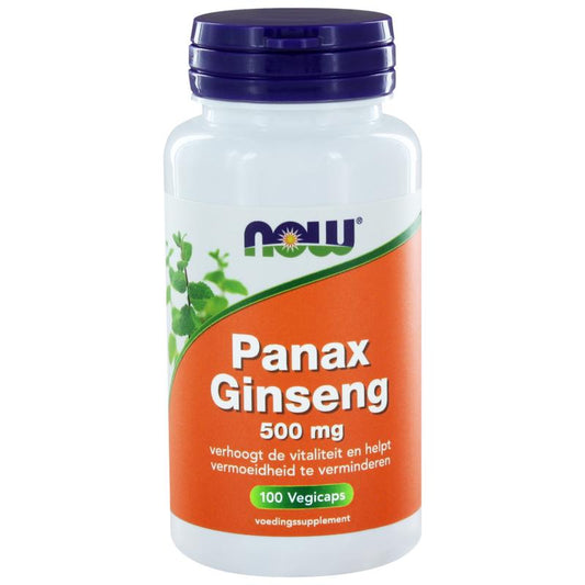 NOW Panax ginseng 500mg vegetarian capsules, herbal supplement in a clear bottle with green cap, showcasing the product label.
