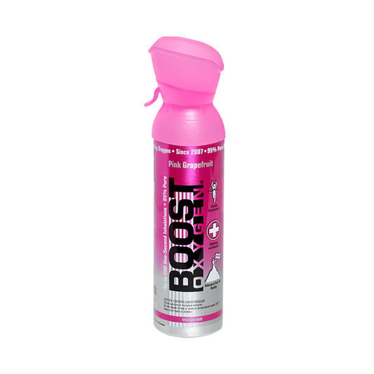 Boost Oxygen pink grapefruit 5L inhaler for luchtwegen, showing the pink grapefruit flavor and portable oxygen canister.