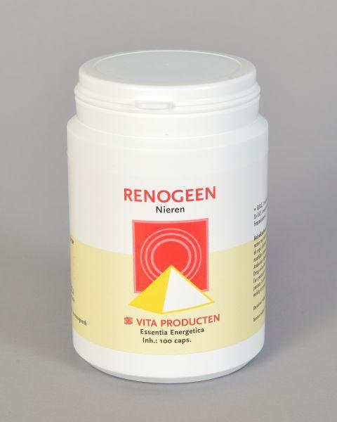 Vita Renogeen 100 capsules, herbal supplement in a white bottle with a blue label, front view showing product packaging.