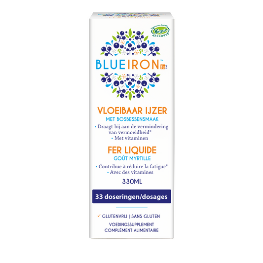 Blueiron Vloeibaar ijzer mineralen supplement bottle, 330ml, with blue label and dropper cap for easy use.