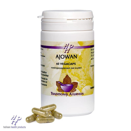 Holisan Ajowan capsules in a bottle, herbal supplement from Kruidenpreparaten line, used for natural health support.