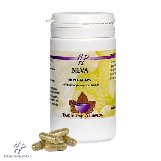 Holisan Bilva 60 capsules herbal supplement in a white bottle with label, showcasing the Kruidenpreparaten product by Holisan.