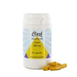 Clark Vitamine B2 300mg Enkel capsules, close-up of 95 supplement capsules in a clear container, dietary vitamin supplement.