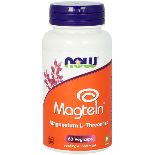 NOW Magtein Magnesium L-Threonaat vegetarian capsules, dietary mineral supplement in a white bottle with capsules visible inside.