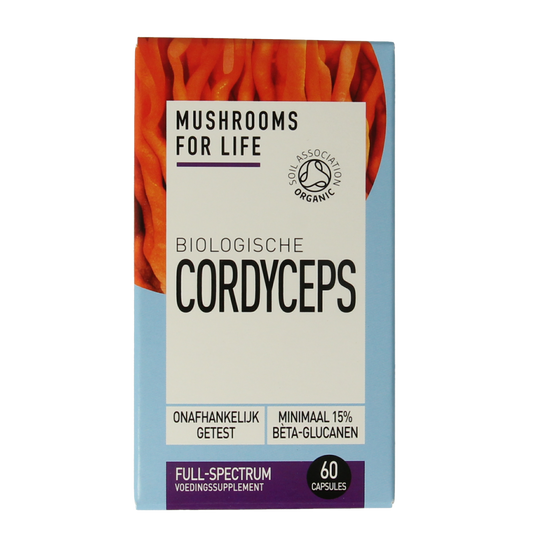 Mushrooms for Life Cordyceps bio supplement in a bottle of 60 capsules, part of organic herbal preparations.