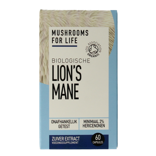 Mushrooms for Life Lion's Mane bio capsules in a bottle, herbal supplement for cognitive health, Kruidenpreparaten brand.
