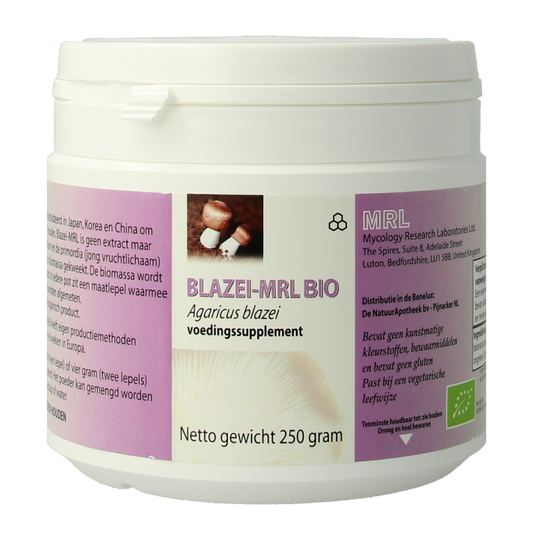 Bio MRL Agaricus poeder kruidenpreparaten in 250g verpakking, fine mushroom powder for culinary and health use.