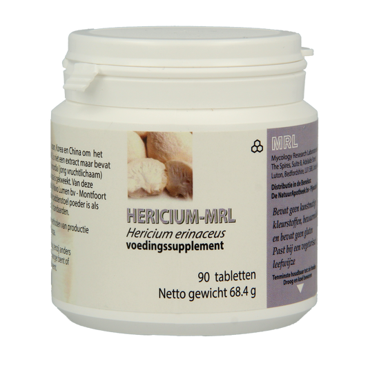 MRL Hericium herbal supplement in a bottle of 90 tablets, part of MRL kruidenpreparaten line, shown in the image.