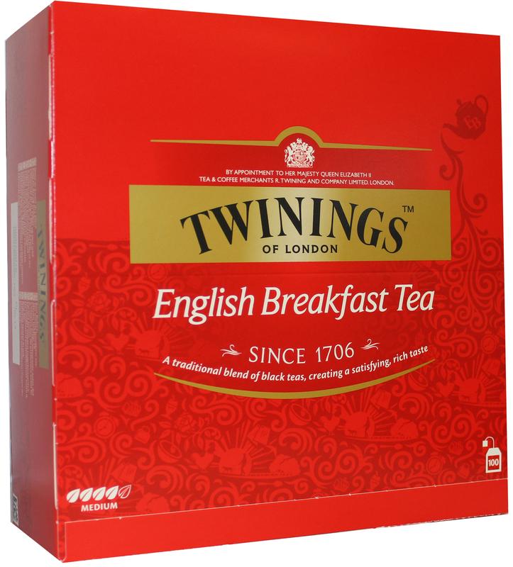 Twinings English Breakfast tea envelopes, 100-pack, featuring individually wrapped tea bags in a box.