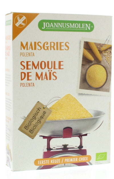 Joannusmolen bio polenta or maize grits, first choice, 350g, in a bag, for baking and cooking purposes.