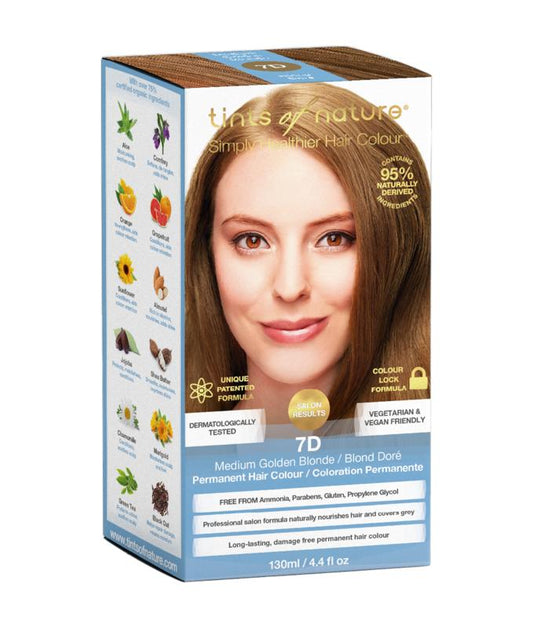 Tints Of Nature 7D medium gold blonde hair coloring set with applicator bottle and gloves for natural-looking hair dye.