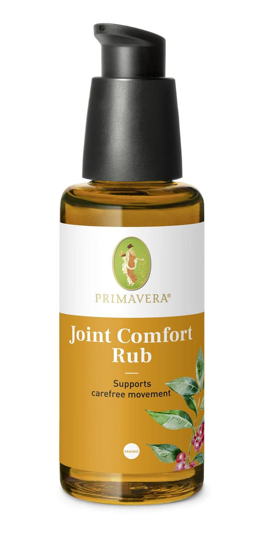 Primavera Joint Comfort Rub 50ml, a natural muscle and joint pain relief cream in a white tube with a blue cap.