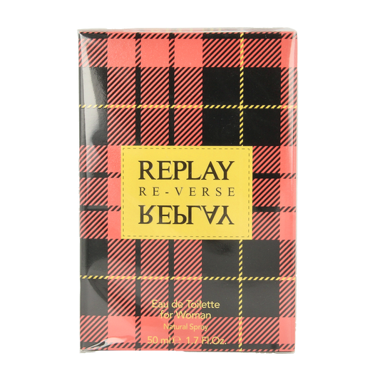 Replay Sign reverse woman eau de toilette 50ml bottle with sleek glass design and elegant packaging.