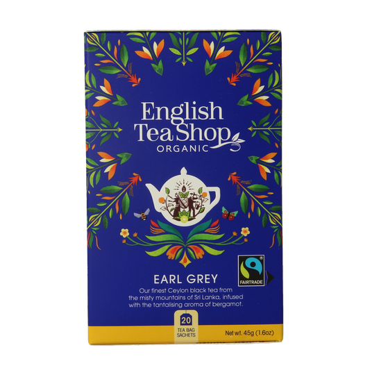English Tea Shop Earl Grey bio tea bags, 20-count, in a colorful box with tea leaves and citrus slices.