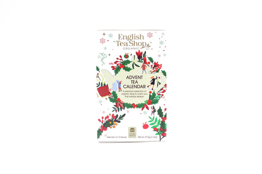 English Tea Shop white advent calendar with 25 tea and coffee sachets, featuring festive holiday packaging.