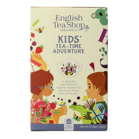 English Tea Shop Kids Tea Time Adventure organic tea bags, colorful packaging with playful illustrations for children.